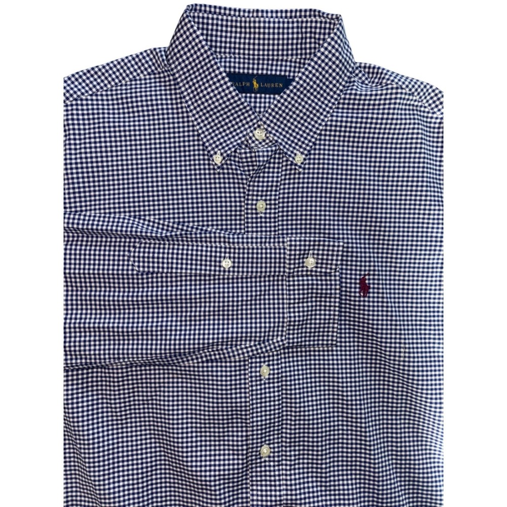 Ralph Lauren Mens Blue Gingham Check Button Down Shirt Large Red Pony Logo L - Picture 1 of 6
